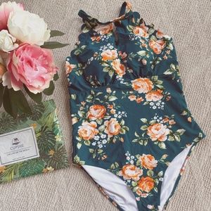 NWT Cupshe Teal Floral Scalloped One Piece Swimsuit